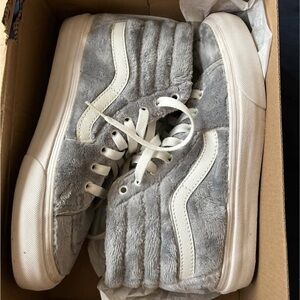 Gray and White Furry High-Top Sneakers